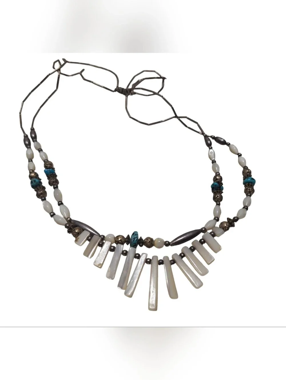 Vintage Double Strand Necklace Silver toned Metal w/ MOP & Natural Stones Boho